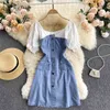 Jeans Klänning Kvinnor Sommar Mode Patchwork O-Neck Kortärmad Casual Streetwear Koreanska Style Girls A-Line Denim Dresses 210603