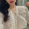 Ruffles Kadın Gömlek Beyaz Katı V Boyun Bahar Zarif Blusas Mujer Dantel Kore Ins Moda Bluzlar 19539 210415