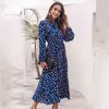 Vintage Laterne Ärmel blau Leopard Print Dot Winter Kleid Frauen lange Bowknot Herbst elegante Vestidos 210427