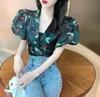 Summer Women Blouses Shirts Puff Sleeve Casual Notched Collar Mesh Printing Vintage Elegant Slim Tops With Lining 210514