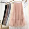 Sommar reversibel lång pläterad tulle kjol kvinnor koreansk stil rosa mesh hög midja estetisk midi kvinnlig 210421
