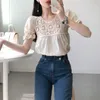 Summer Embroidery Femme Hollow Out Sweet Loose Stylish Chic Blouses High Quality Casual Tops Shirts 210525