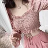 Sexig Crop Top Fall Square Collar Puff Sleeve Kvinnor Blusar Söt Pläterad Blomstryckad Chiffon Skjorta Chic Elegant Lady Blusas 210520