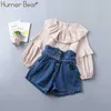 Юмор медведя мода девушка одежда набор новой весны осень плиссированные сплошной цветной рубашки + джинсы 2 шт. Установить малыша девушка одежда для одежды x0902