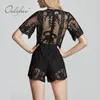 Summer Women Embroidery Playsuit See Through Mesh Sexy Jumpsuit White Lace Beach Rompers 210415