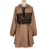 Leopardtryck Spliced ​​Casual A-Line Dress Women Khaki Drawstring Winter Short Dress Vintage Dress 210415