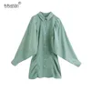 Women Elegant Fashion Pleated Loose Mini Dress Vintage Long Sleeve Button-up Shirt Dresses Vestidos Mujer 210531