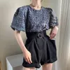 Koreanska chic sommar retro blus temperament o-nacke toppar pläterad lös solid bubbla hylsa skjorta streetwear blusas 14700 210527