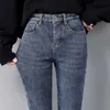 Thicken Plus Fleece Jeans Donna Inverno stile coreano Slim vita alta aderente con pantaloni in pile per abbigliamento esterno 11993 210528