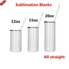Sublimation Straight Tumblers with Lid Straw Blanks 12 15 20 oz Stainless Steel Car Cups Tumbler Travel Mugs Insulated Water Bottles