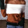 女性のファッション長袖プルオーバートップ秋ファッション女性の簡単な居心地の良いカラーブロックオフショルダーニット特大セーター210716