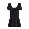 여름 드레스 블랙 리넨 짧은 es 여성 빈티지 프랑스 광장 목 퍼프 슬리브 섹시한 스트랩 미니 210519