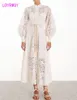 temperament waist slimming long white lace hollow stand collar lantern sleeve dress Knee-Length Zippers 210416