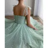 Mint Green Hearty Prom Dresses 2021 Tied Bow Straps Sweetheart Midi Prom Gowns Pockets Tea-Length Evening Party Dress