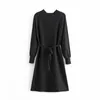 Frauen Elegante Langarm Pullover Kleid Einfarbig Herbst Winter Gestrickte A-line es Chic Casual Rollkragen Schärpen 210515