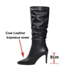 Plissée en cuir véritable talon haut genou bottes femmes chaussures bout pointu talons aiguilles sans lacet longue dame hiver 43 210517