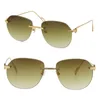 grossist mode stil båglösa solglasögon fyrkantiga unisex metall 18k guld solglasögon UV400 rektangel körning C dekoration cut top lins spegel