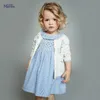 Mała Maven Nowy Letni Dzieci Jasnoniebieskie Paski Turn-Down Haft Girls 2-7yrs Z krótkim rękawem Bawełniane Woven Smock Dresses 210329