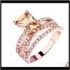 Trendy 14K placcato oro rosa quadrato cristallo strass gemma fidanzamento fede nuziale anelli champagne colore anello per le donne regalo dimensione Qj Zwp8A
