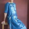 Johnature Femmes Vintage Bandage Robes Patchwork Imprimer Robes Florales Bleu Été O-Cou À Manches Courtes Femme Robe Lâche 210521