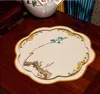 Custom Large Fine Embroidery Petal-shaped Table Mat Cotton Linen Chinese Decorative Vase Tableware Placemat Proective Non-slip Coffee Teapoy Pad