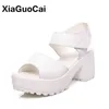 Summer Women Sandals Platform 2021 Casual Woman Shoes High Heels Hook & Loop Peep Toe Square Heel White Black Female Pumps Cheap H1126