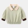 Spring Autumn Winter 2 3-10 Years Knitted Solid Color Patchwork School Student Turn-Down Collar Sweaters For Baby Kids Boys 210529