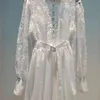 Weißes Patchwork-Spitzenkleid für Frauen, Stehkragen, Laternenärmel, hohe Taille, elegante Maxi-Kleider für Frauen, Herbst 210520