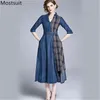 Azul xadrez Spliced ​​Denim Long Maxi Dress Mulheres Meia Manga V-Pescoço Belted Moda Vintage elegante Vestidos Vestidos 210513