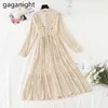 French Pleated Basic Dress Dot Floral Print Spring Autumn Robes Ladies Single Breasted Ruffles Stand Collar Vestidos 210601