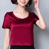 Été solide chemise en soie chemisier col rond à manches courtes grande taille hauts blancs bureau dame chemises décontractées femme 2126 210512