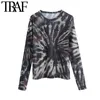 TRAF Moda donna sexy See Through Stampa tie-dye Camicette in tulle Vintage O Collo Manica lunga Camicie femminili Chic Top 210415