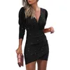 Sexy Deep V Neck Solid Pleated Mini Dress Women Autumn Office Ladies Bodycon Elegant Long Sleeve Slim Party Vestidos 210526