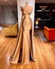 ASO EBI Arabisch Gouden Kristallen Sexy Schede Prom Jurken Spaghetti Bandjes Hoge Zij Split Floor Lengte Formele Party Dragen Jurk Second Reception Jurken Custom