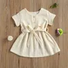 2020-11-30 Lioritiin 0-4years toddler bebê meninas casuais vestido de mangas curtas com botão de cinto sólido cintura alta a linha vestido q0716