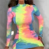 Tie-dyed imprimé O cou femmes robe automne Streetwear à manches longues moulante mode fête paquet hanche Sexy Mini 210522