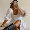 FABPOP White Sexy Backless Lace Up Mini Dresses Puff Sleeve Sweet Dress Summer Holiday Sundress Elegant Dress Clothes GB490 210709