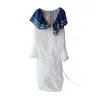Vintage See przez Koszula Dla Kobiet Sailor Collar Z Długim Rękawem Sznurek Bluzka Kobieta Moda Odzież 210524