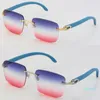 Holz mit C-Dekoration, 18 Karat Gold, NEU, blaues Holz, randlose Sonnenbrille, Unisex, ornamental, helle Farblinse, fahrende Modeaccessoires