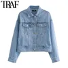 TRAF Women Fashion Wide Sleeve Cropped Denim Jacket Coat Vintage Lapel Collar Patch Pockets Female Outerwear Chic Tops 210415