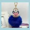 Event Festive Supplies Home Garden Keychain Charms Crystal Head Key Ring Fluffy Faux Fur Pom Keychains Bag Car Pendent Party Favor Gga