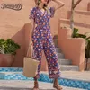 V-neck Tassel Tie Back Floral Print Jumpsuit Summer Short Sleeve Loose Women Jumpsuits Hight Waist Holiday Casual Wear 210510