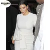 Outono Inverno Manga Longa Branco O Pescoço Cinto Vestido Plano Escritório Mulheres Formal Mulheres Sexy Bodycon Bandagem Elegante Partido Slim Vestidos Casuais