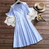 Mori Girl Cute Kawaii Striped Dress Summer Preppy Style Fashion Deesses Peter Pan Collar Flare Sleeve Casual Sweet Lace Ruffles 210520