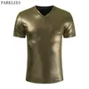 Gold Metallic NightClub Wear Tshirt Hommes Slim Fit Col V Glitter T-shirts Hommes Tee Shirt Homme Party Stage Prom Vêtements 210522