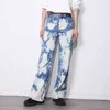 Kadınlar için Renk Vintage Denim Pantolon Yüksek Bel Kravat Boya Düz Kot Kadın Bahar Moda Giysileri 210521
