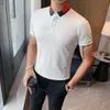 Business Social Casual Slim Camisa Hombre Kontrast Koszula Mężczyźni Krótki Rękaw Lapel Włochy Męskie Polos