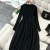 Neploe Plus Size Woman Dress Knitted Patchwork Gauze Black Vestidos V-neck Long Sleeve Robe High Waist Slim Maxi Dresses Women 210422