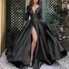 Simple rose une ligne robes de soirée côté robe de bal en satin divisé haute avec 3/4 manches longues V couche sexy robes de occasion pour femmes 2022