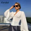 Foridol Lantern Sleeve White Blouse Tops V Neck Button Up Crop Spring Autumn French Style Casual Shirts 2021 Women's Blouses &